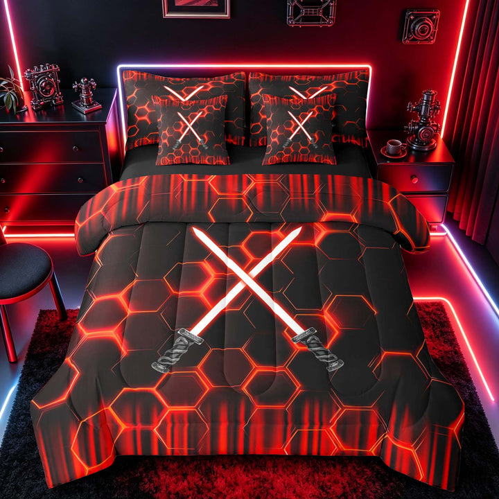 meiyoeat Neon Bedding Comforter Set for Boys, Sci-Fi Red Gaming Full Bedding Set, Black Reversible 7 Pieces