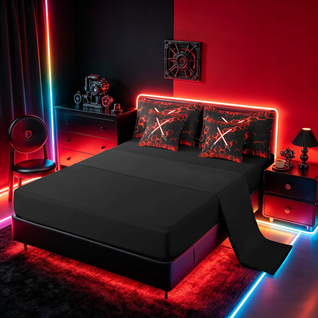 meiyoeat Neon Bedding Comforter Set for Boys, Sci-Fi Red Gaming Full Bedding Set, Black Reversible 7 Pieces