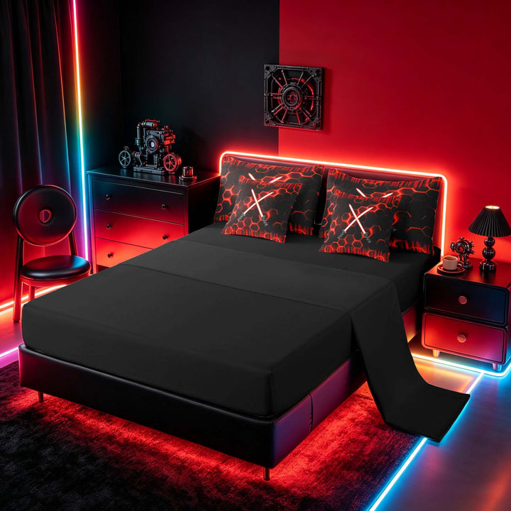 meiyoeat Neon Bedding Comforter Set for Boys, Sci-Fi Red Gaming Full Bedding Set, Black Reversible 7 Pieces