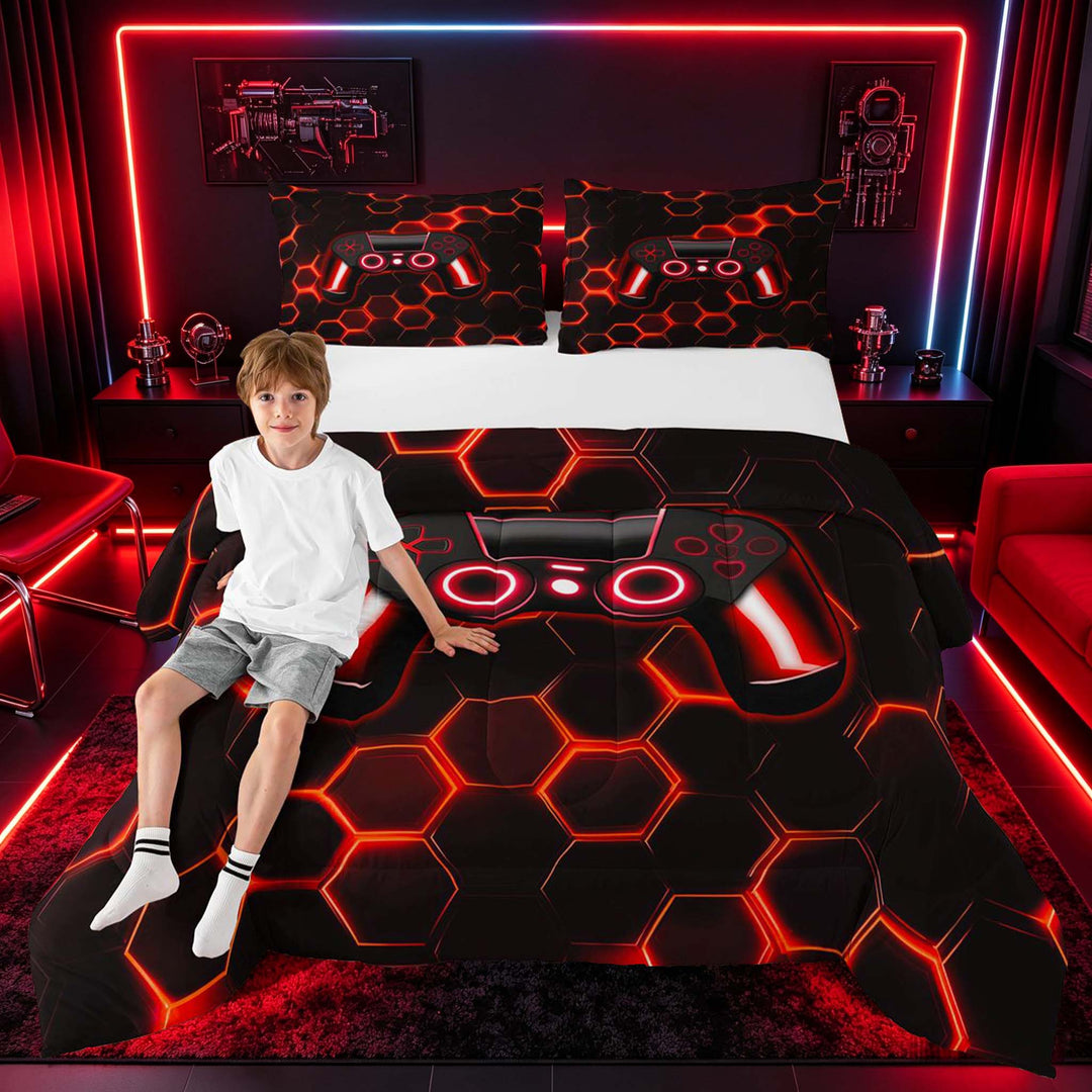 meiyoeat Gradient Gamepad Full Size Comforter Sets for Boys Gamers, Neon Honeycomb Red Gaming Bedding Sets, Black Reversible 3pcs, 1 Comforter and 2 Pillowcases