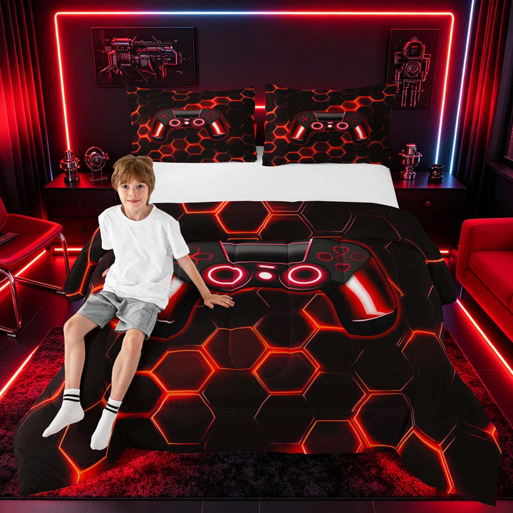 meiyoeat Gradient Gamepad Full Size Comforter Sets for Boys Gamers, Neon Honeycomb Red Gaming Bedding Sets, Black Reversible 3pcs, 1 Comforter and 2 Pillowcases