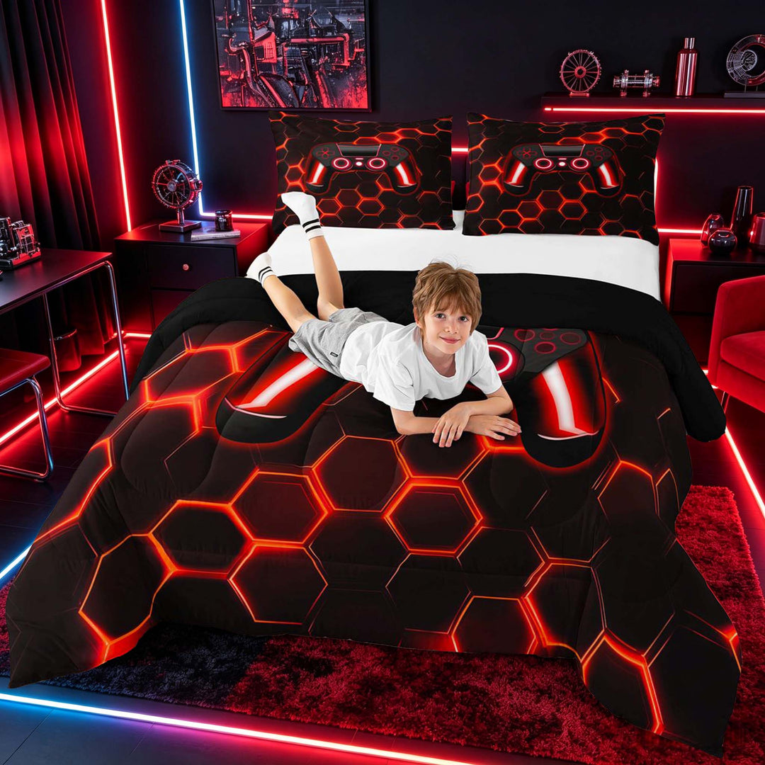 meiyoeat Gradient Gamepad Full Size Comforter Sets for Boys Gamers, Neon Honeycomb Red Gaming Bedding Sets, Black Reversible 3pcs, 1 Comforter and 2 Pillowcases