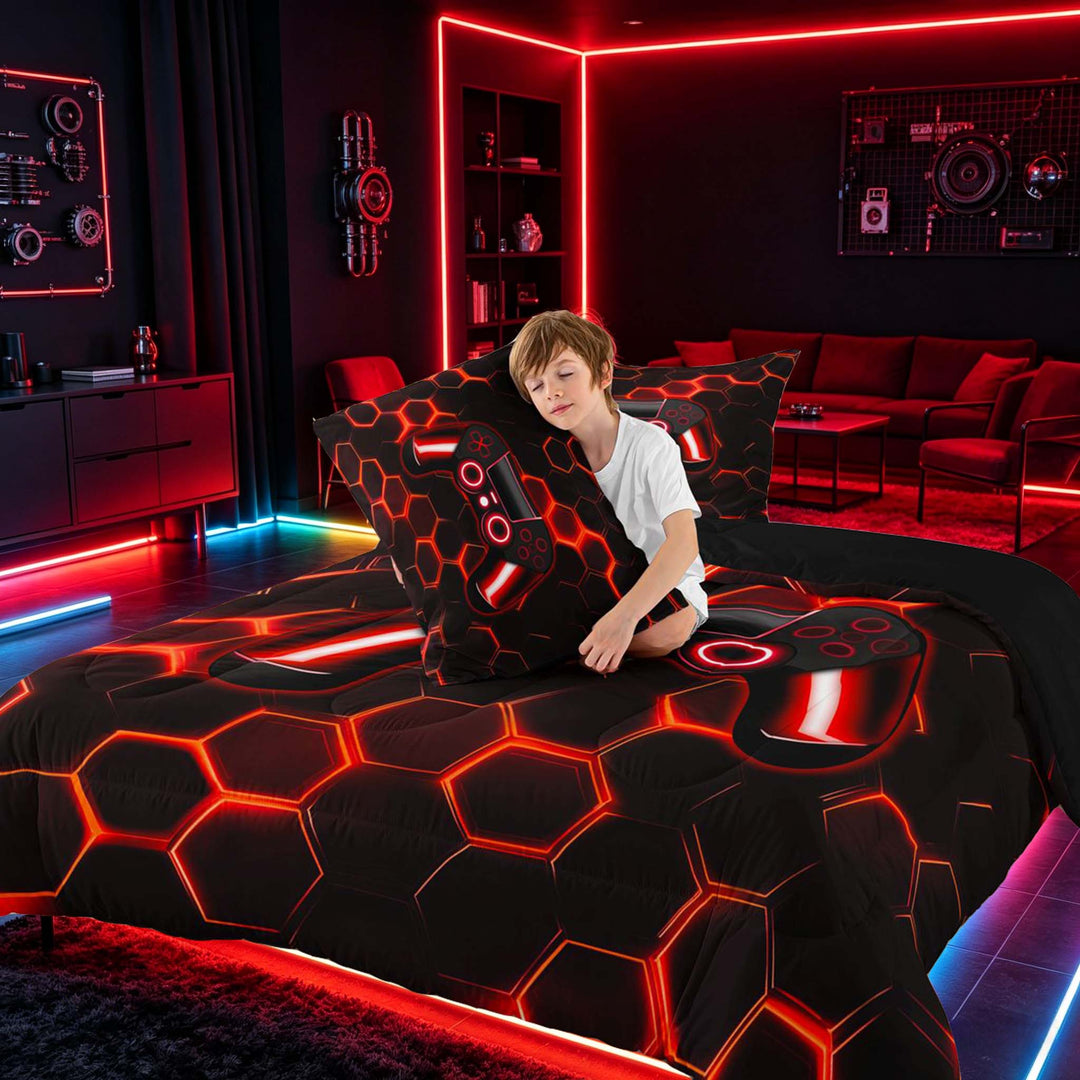 meiyoeat Gradient Gamepad Full Size Comforter Sets for Boys Gamers, Neon Honeycomb Red Gaming Bedding Sets, Black Reversible 3pcs, 1 Comforter and 2 Pillowcases