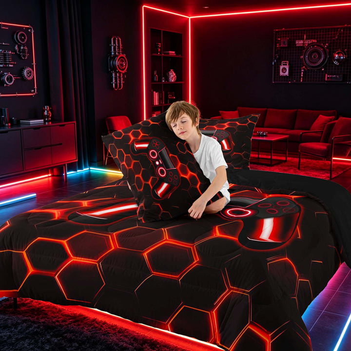 meiyoeat Gradient Gamepad Full Size Comforter Sets for Boys Gamers, Neon Honeycomb Red Gaming Bedding Sets, Black Reversible 3pcs, 1 Comforter and 2 Pillowcases