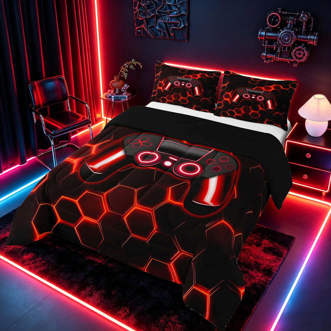 meiyoeat Gradient Gamepad Full Size Comforter Sets for Boys Gamers, Neon Honeycomb Red Gaming Bedding Sets, Black Reversible 3pcs, 1 Comforter and 2 Pillowcases