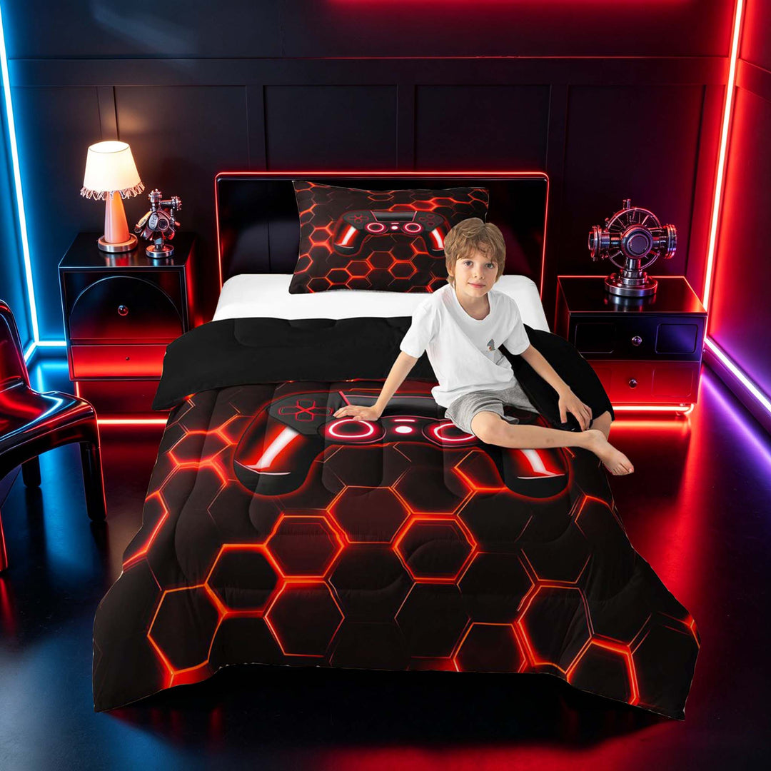 meiyoeat Gradient Gamepad Full Size Comforter Sets for Boys Gamers, Neon Honeycomb Red Gaming Bedding Sets, Black Reversible 3pcs, 1 Comforter and 2 Pillowcases