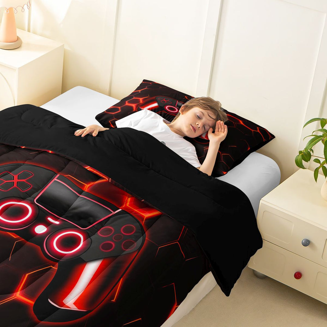 meiyoeat Gradient Gamepad Full Size Comforter Sets for Boys Gamers, Neon Honeycomb Red Gaming Bedding Sets, Black Reversible 3pcs, 1 Comforter and 2 Pillowcases