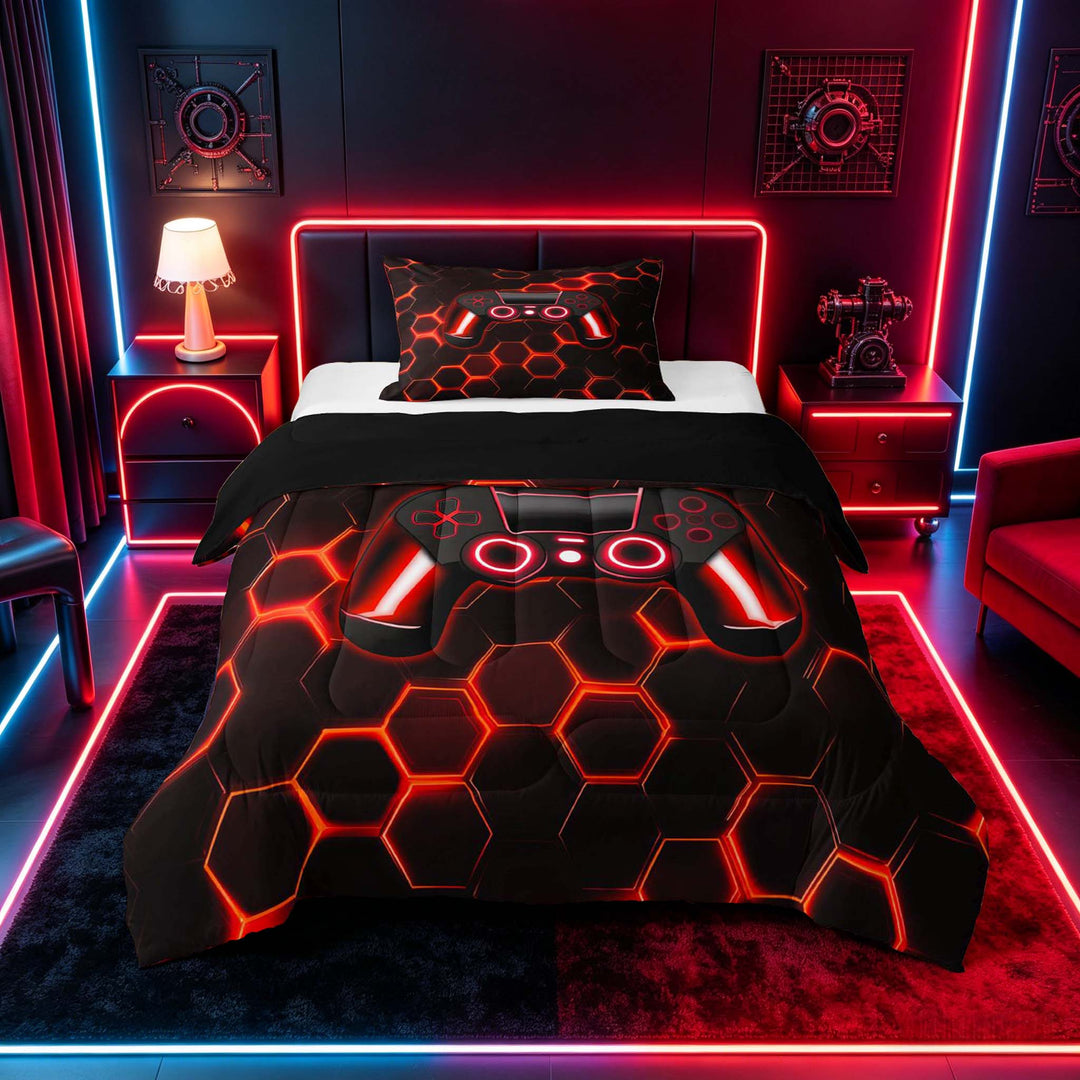 meiyoeat Gradient Gamepad Full Size Comforter Sets for Boys Gamers, Neon Honeycomb Red Gaming Bedding Sets, Black Reversible 3pcs, 1 Comforter and 2 Pillowcases