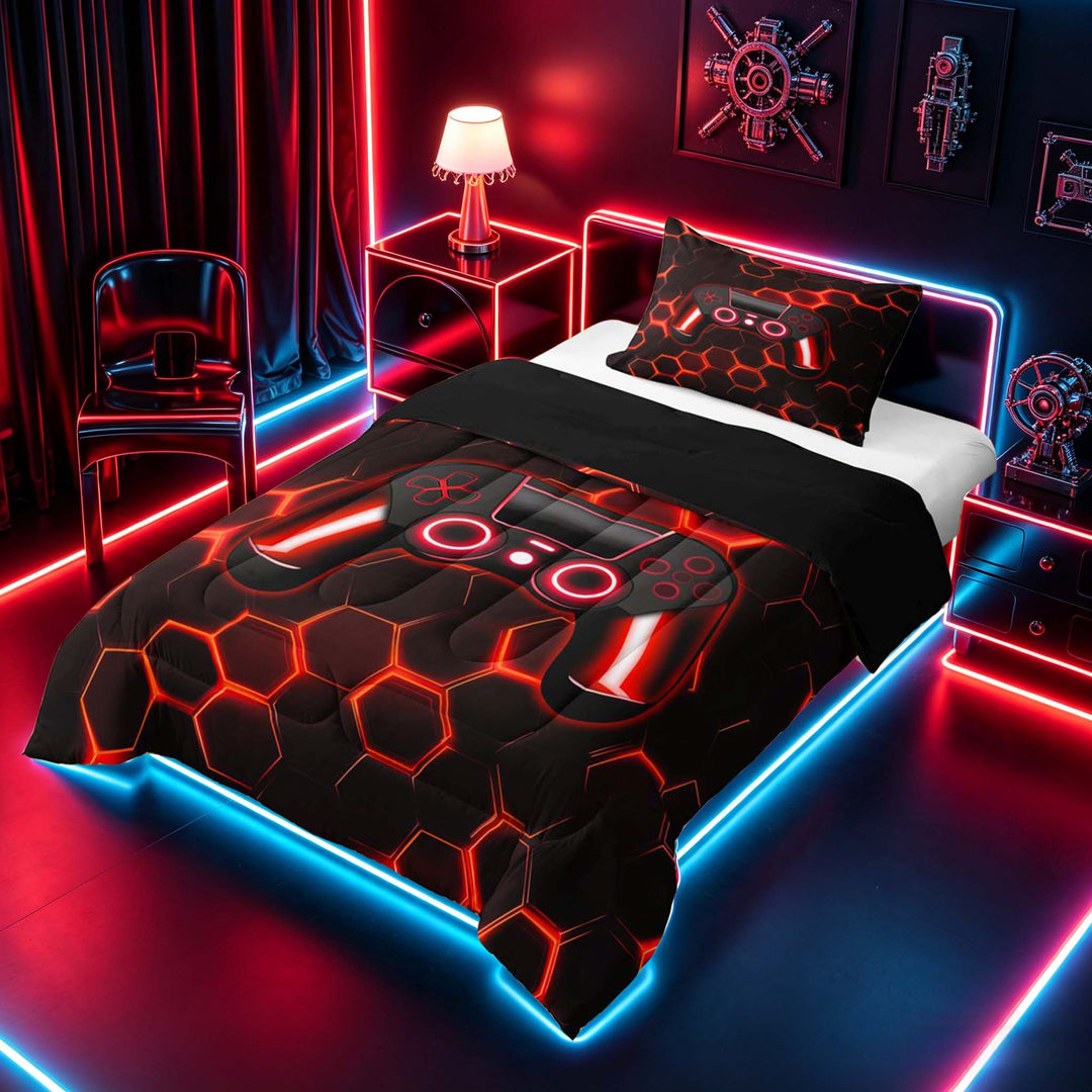 meiyoeat Gradient Gamepad Full Size Comforter Sets for Boys Gamers, Neon Honeycomb Red Gaming Bedding Sets, Black Reversible 3pcs, 1 Comforter and 2 Pillowcases