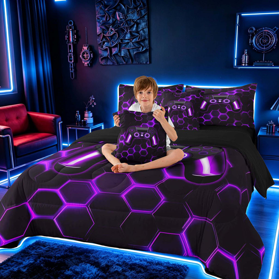 meiyoeat Gradient Gamepad Bedding Comforter Set for Boys Gamers, Neon Honeycomb Purple Gaming Full Bedding Set, Black Reversible 7 Pieces