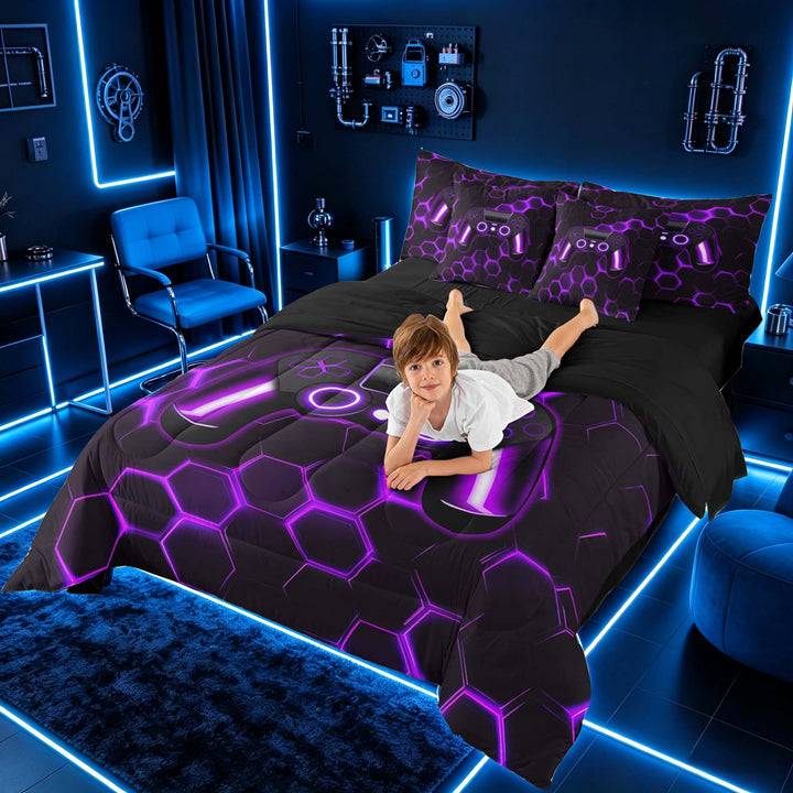 meiyoeat Gradient Gamepad Bedding Comforter Set for Boys Gamers, Neon Honeycomb Purple Gaming Full Bedding Set, Black Reversible 7 Pieces