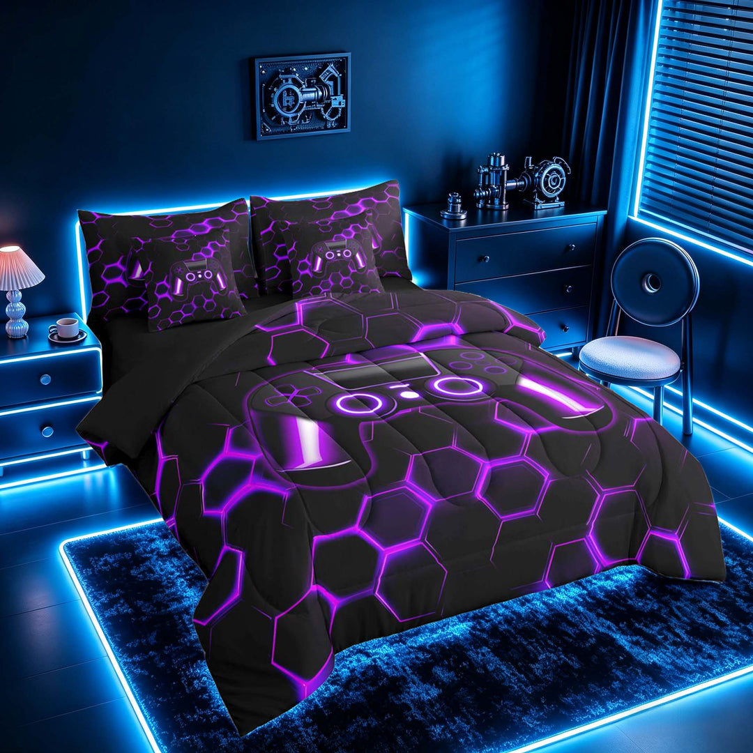 meiyoeat Gradient Gamepad Bedding Comforter Set for Boys Gamers, Neon Honeycomb Purple Gaming Full Bedding Set, Black Reversible 7 Pieces