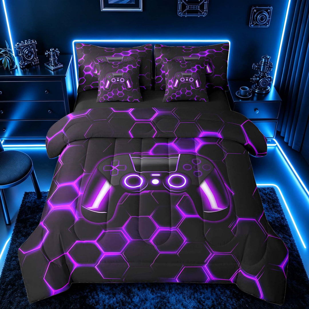 meiyoeat Gradient Gamepad Bedding Comforter Set for Boys Gamers, Neon Honeycomb Purple Gaming Full Bedding Set, Black Reversible 7 Pieces