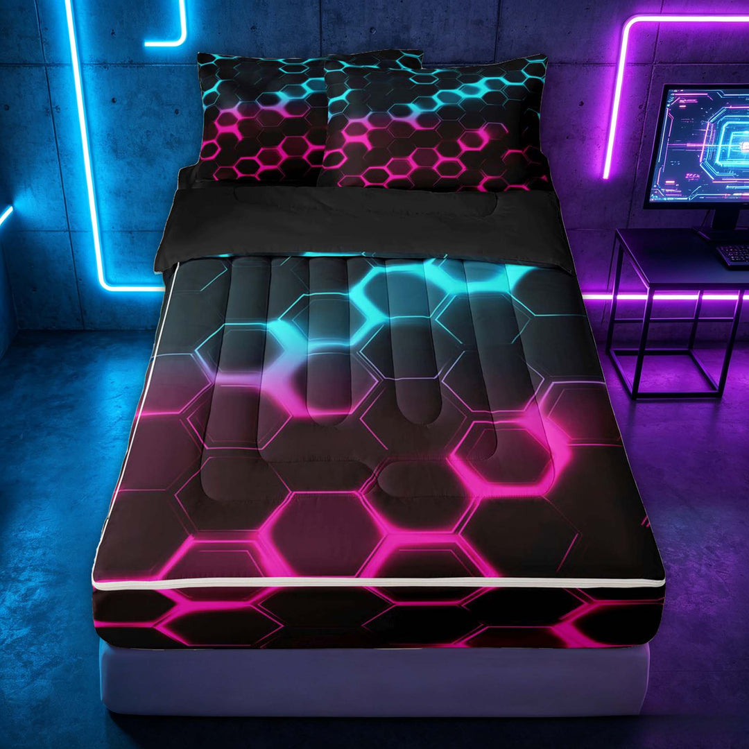 meiyoeat Neon Honeycomb Pattern Zipper Full Size Comforter Sets with Fitted Sheet and 2 Pillowcases for Boys Girls, Geometric Hexagon Zipper Bedding Set, Cyan Pink, Black Reversible