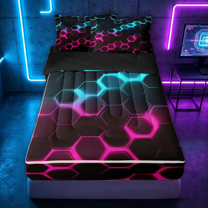meiyoeat Neon Honeycomb Pattern Zipper Full Size Comforter Sets with Fitted Sheet and 2 Pillowcases for Boys Girls, Geometric Hexagon Zipper Bedding Set, Cyan Pink, Black Reversible