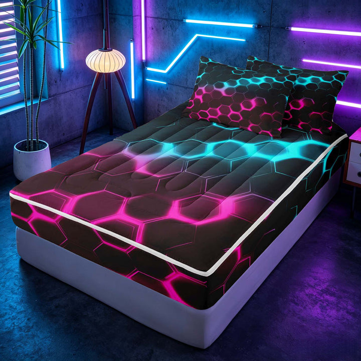 meiyoeat Neon Honeycomb Pattern Zipper Full Size Comforter Sets with Fitted Sheet and 2 Pillowcases for Boys Girls, Geometric Hexagon Zipper Bedding Set, Cyan Pink, Black Reversible