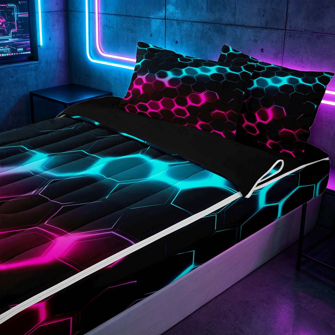 meiyoeat Neon Honeycomb Pattern Zipper Full Size Comforter Sets with Fitted Sheet and 2 Pillowcases for Boys Girls, Geometric Hexagon Zipper Bedding Set, Cyan Pink, Black Reversible