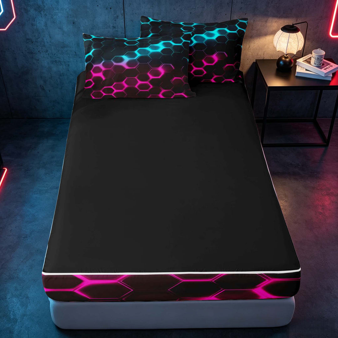 meiyoeat Neon Honeycomb Pattern Zipper Full Size Comforter Sets with Fitted Sheet and 2 Pillowcases for Boys Girls, Geometric Hexagon Zipper Bedding Set, Cyan Pink, Black Reversible