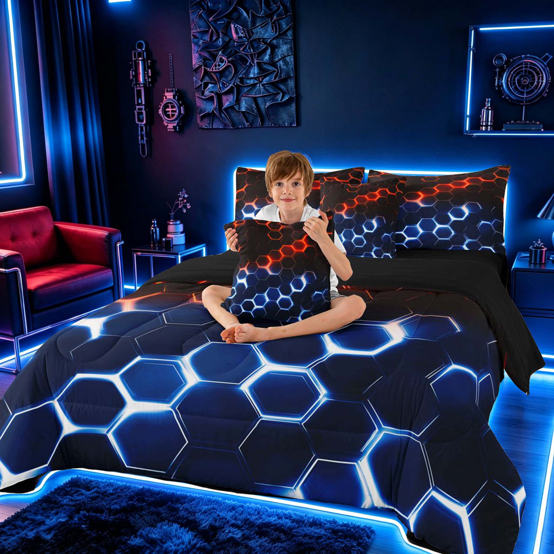 meiyoeat Neon Honeycomb Pattern Bedding Comforter Set for Boys Girls, Geometric Hexagon Full Bedding Set, Red Blue, Black Reversible 7-Piece