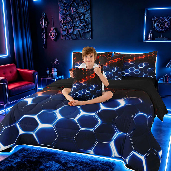 meiyoeat Neon Honeycomb Pattern Bedding Comforter Set for Boys Girls, Geometric Hexagon Full Bedding Set, Red Blue, Black Reversible 7-Piece
