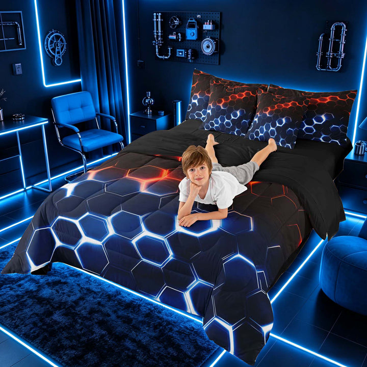 meiyoeat Neon Honeycomb Pattern Bedding Comforter Set for Boys Girls, Geometric Hexagon Full Bedding Set, Red Blue, Black Reversible 7-Piece