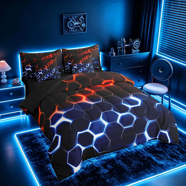 meiyoeat Neon Honeycomb Pattern Bedding Comforter Set for Boys Girls, Geometric Hexagon Full Bedding Set, Red Blue, Black Reversible 7-Piece