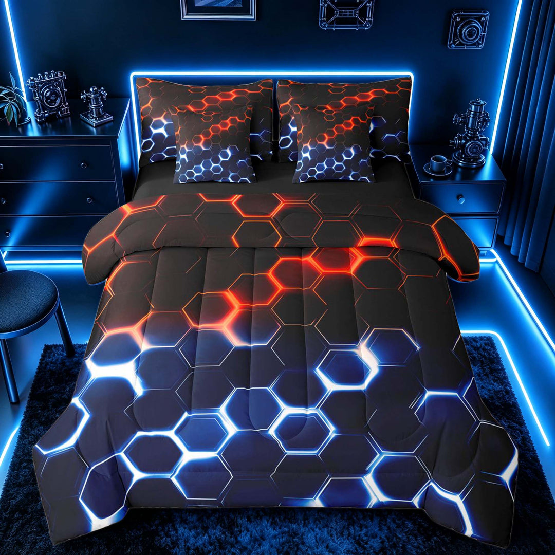 meiyoeat Neon Honeycomb Pattern Bedding Comforter Set for Boys Girls, Geometric Hexagon Full Bedding Set, Red Blue, Black Reversible 7-Piece