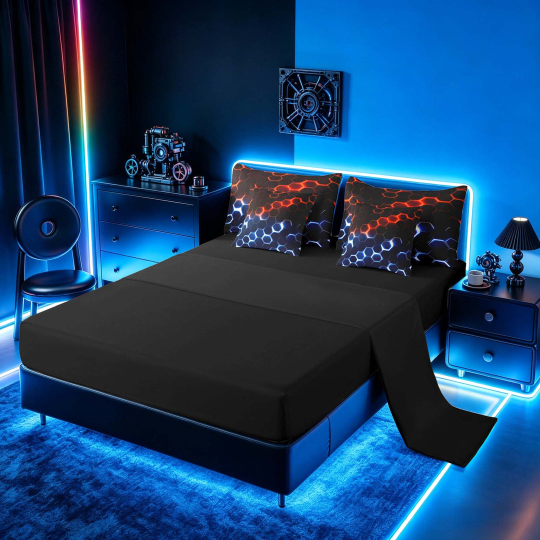 meiyoeat Neon Honeycomb Pattern Bedding Comforter Set for Boys Girls, Geometric Hexagon Full Bedding Set, Red Blue, Black Reversible 7-Piece