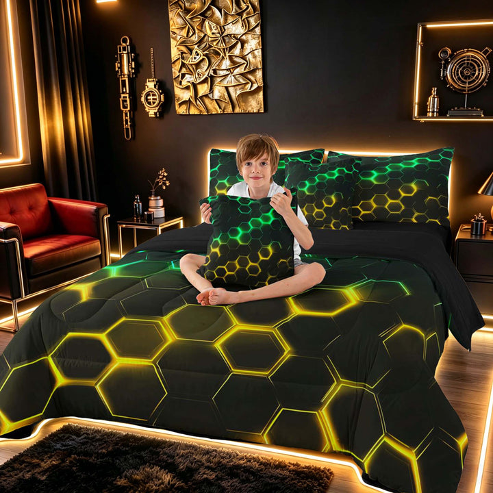 meiyoeat Neon Honeycomb Pattern Bedding Comforter Set for Boys Girls, Geometric Hexagon Full Bedding Set, Green Yellow, Black Reversible 7pcs