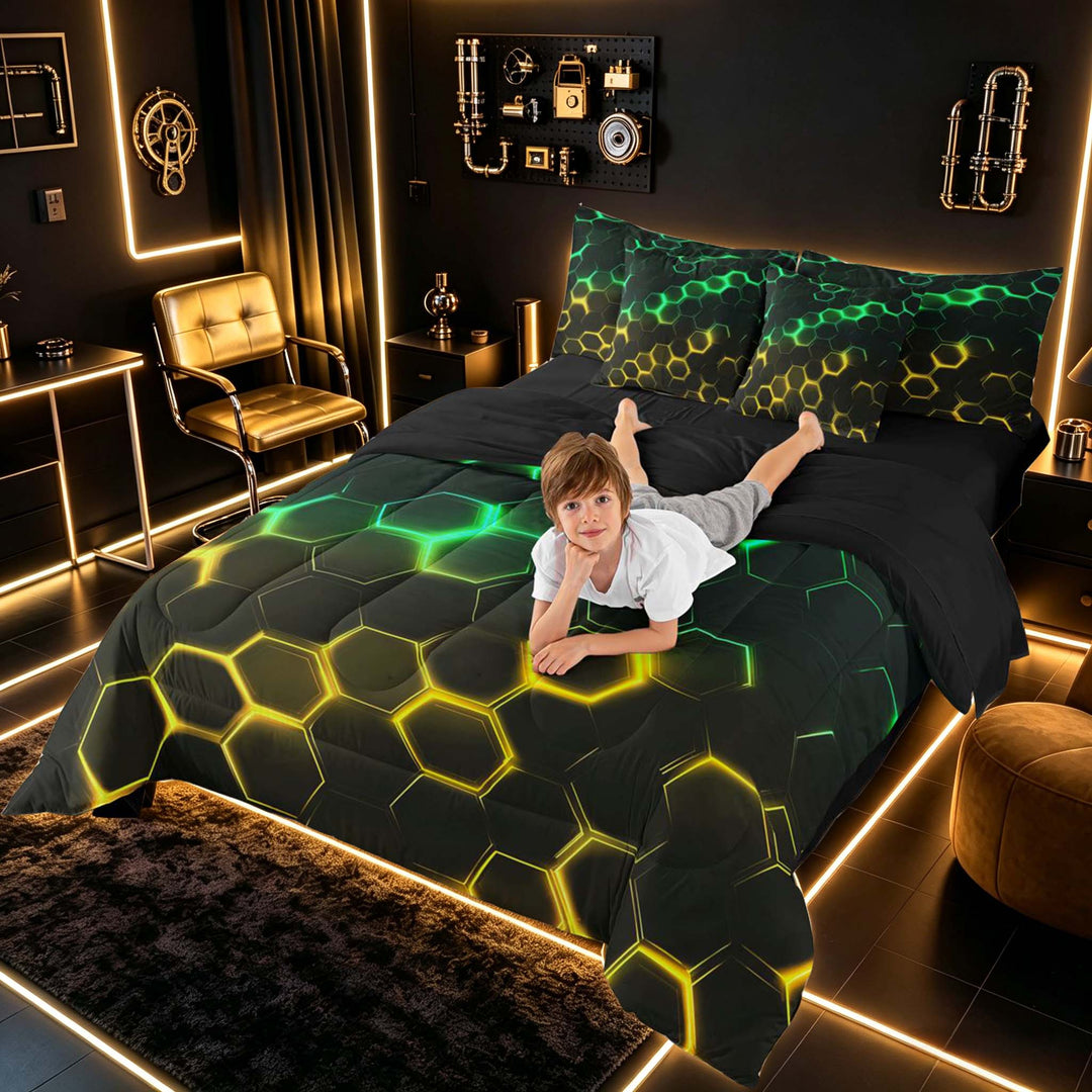 meiyoeat Neon Honeycomb Pattern Bedding Comforter Set for Boys Girls, Geometric Hexagon Full Bedding Set, Green Yellow, Black Reversible 7pcs