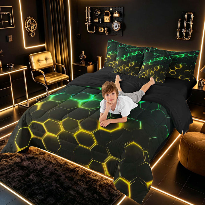 meiyoeat Neon Honeycomb Pattern Bedding Comforter Set for Boys Girls, Geometric Hexagon Full Bedding Set, Green Yellow, Black Reversible 7pcs