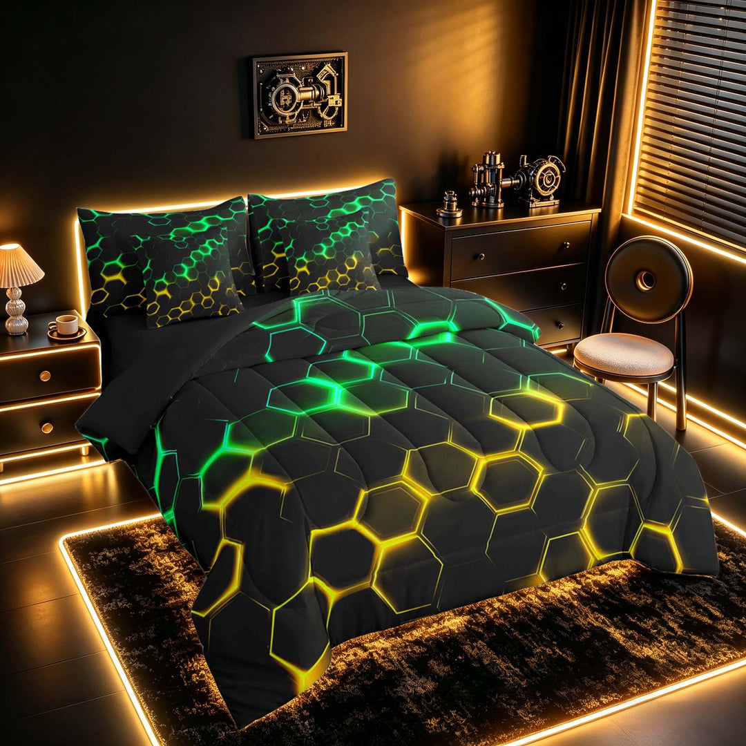 meiyoeat Neon Honeycomb Pattern Bedding Comforter Set for Boys Girls, Geometric Hexagon Full Bedding Set, Green Yellow, Black Reversible 7pcs
