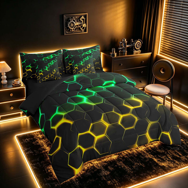 meiyoeat Neon Honeycomb Pattern Bedding Comforter Set for Boys Girls, Geometric Hexagon Full Bedding Set, Green Yellow, Black Reversible 7pcs