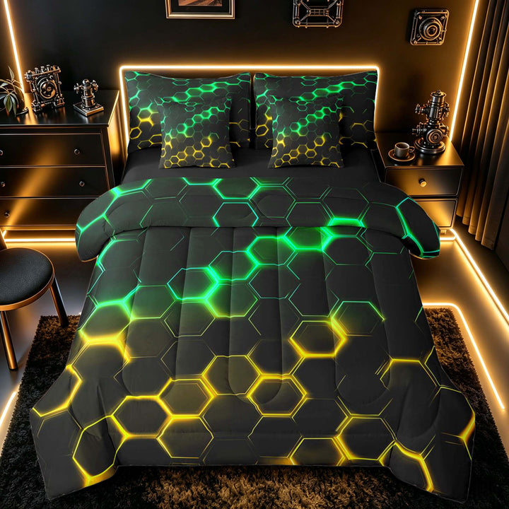 meiyoeat Neon Honeycomb Pattern Bedding Comforter Set for Boys Girls, Geometric Hexagon Full Bedding Set, Green Yellow, Black Reversible 7pcs