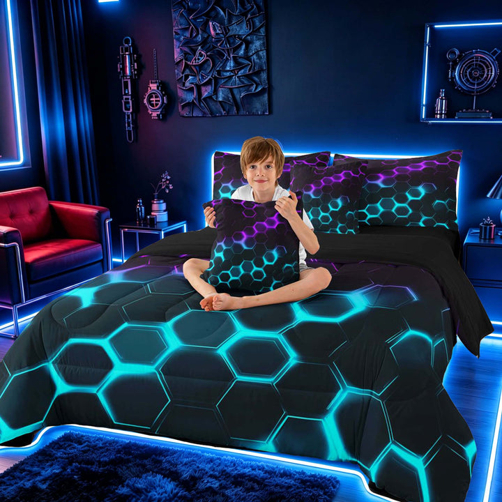 meiyoeat Neon Honeycomb Pattern Bedding Comforter Set for Boys Girls, Geometric Hexagon Full Bedding Set, Purple Cyan, Black Reversible 7 Pieces