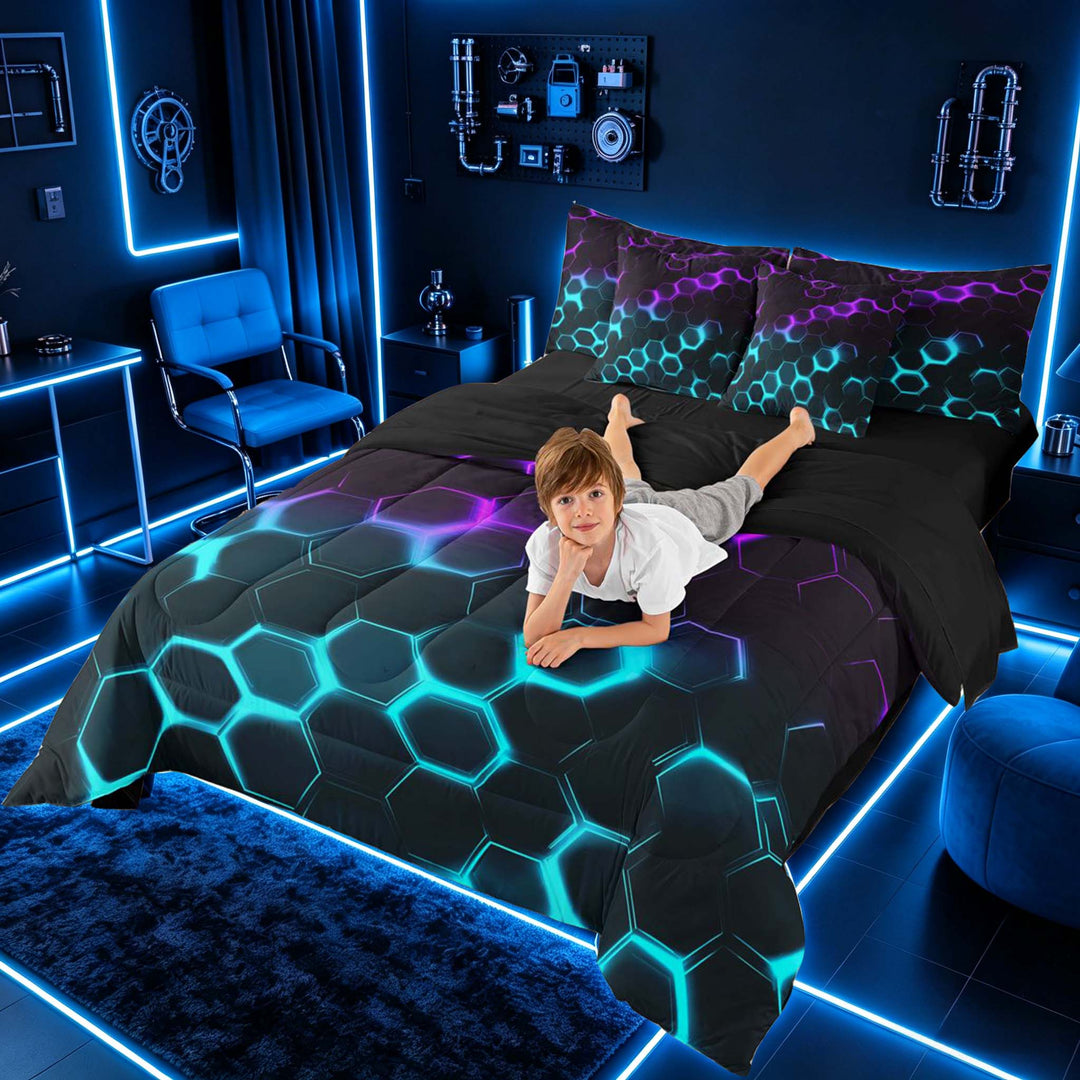 meiyoeat Neon Honeycomb Pattern Bedding Comforter Set for Boys Girls, Geometric Hexagon Full Bedding Set, Purple Cyan, Black Reversible 7 Pieces