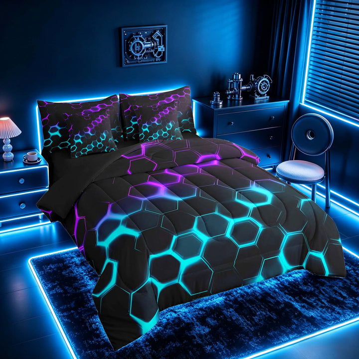 meiyoeat Neon Honeycomb Pattern Bedding Comforter Set for Boys Girls, Geometric Hexagon Full Bedding Set, Purple Cyan, Black Reversible 7 Pieces