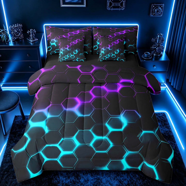 meiyoeat Neon Honeycomb Pattern Bedding Comforter Set for Boys Girls, Geometric Hexagon Full Bedding Set, Purple Cyan, Black Reversible 7 Pieces