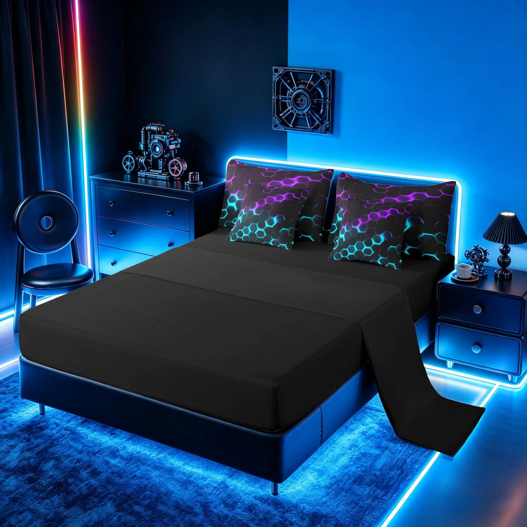 meiyoeat Neon Honeycomb Pattern Bedding Comforter Set for Boys Girls, Geometric Hexagon Full Bedding Set, Purple Cyan, Black Reversible 7 Pieces