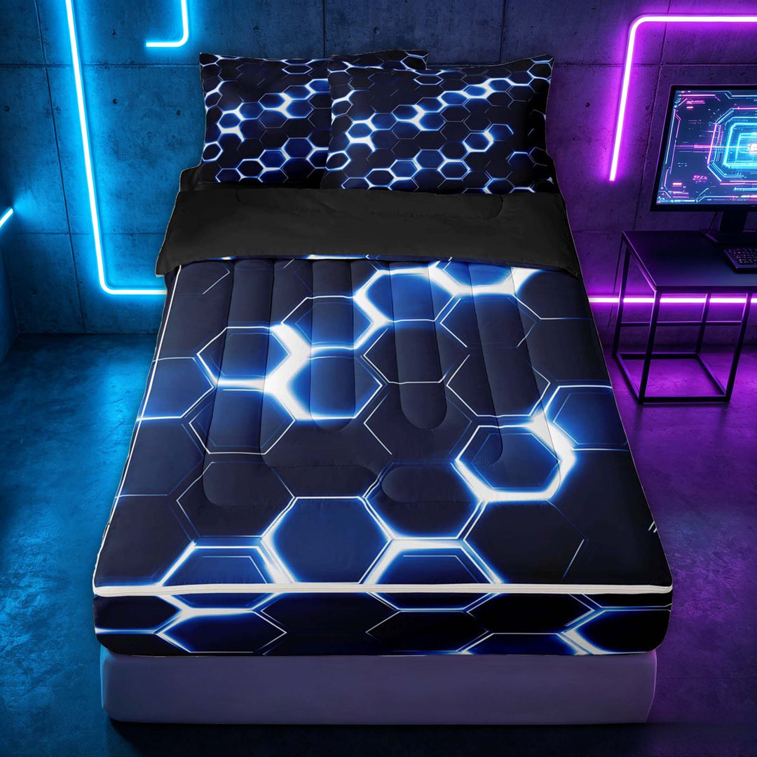 meiyoeat Neon Honeycomb Pattern Zipper Full Size Comforter Sets with Fitted Sheet and 2 Pillowcases for Boys Girls, Geometric Hexagon Zipper Bedding Set, Blue, Black Reversible