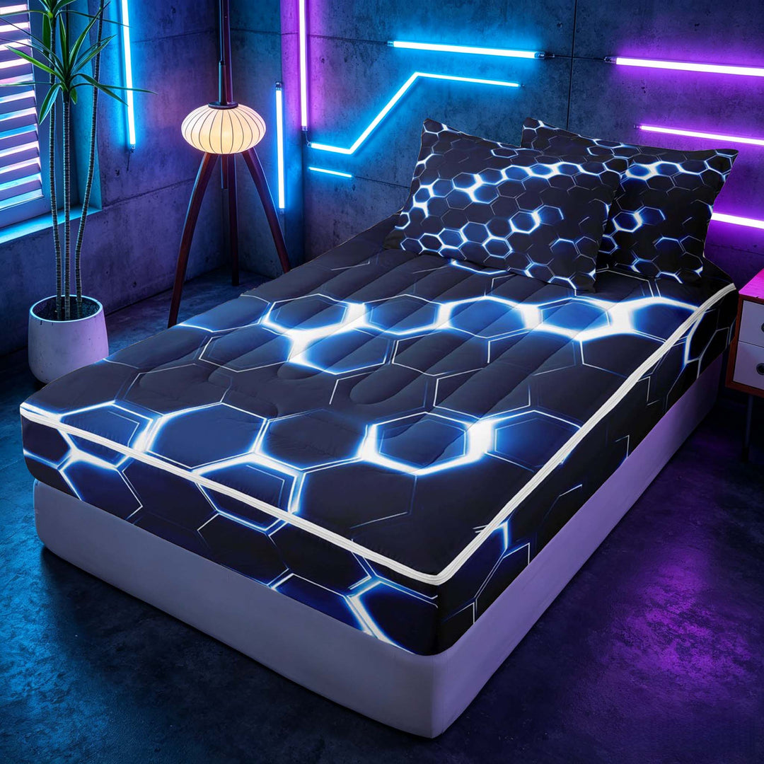 meiyoeat Neon Honeycomb Pattern Zipper Full Size Comforter Sets with Fitted Sheet and 2 Pillowcases for Boys Girls, Geometric Hexagon Zipper Bedding Set, Blue, Black Reversible