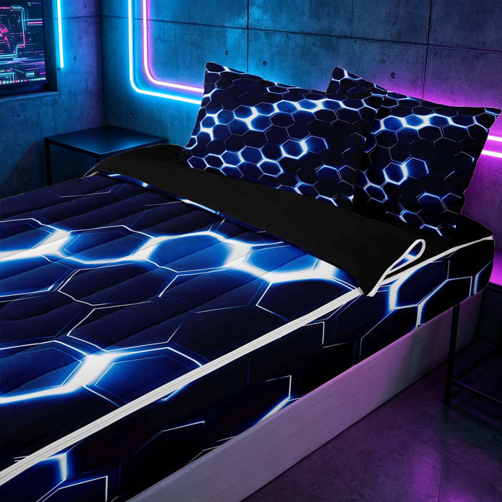 meiyoeat Neon Honeycomb Pattern Zipper Full Size Comforter Sets with Fitted Sheet and 2 Pillowcases for Boys Girls, Geometric Hexagon Zipper Bedding Set, Blue, Black Reversible