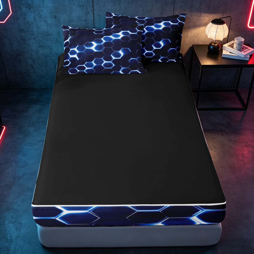 meiyoeat Neon Honeycomb Pattern Zipper Full Size Comforter Sets with Fitted Sheet and 2 Pillowcases for Boys Girls, Geometric Hexagon Zipper Bedding Set, Blue, Black Reversible