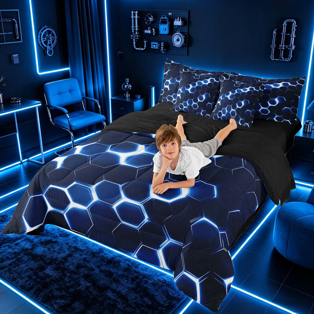 meiyoeat Neon Honeycomb Pattern Bedding Comforter Set for Boys Girls, Geometric Hexagon Full Bedding Set, Blue, Black Reversible 7-Piece