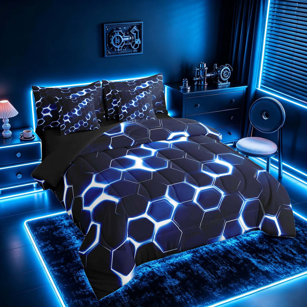 meiyoeat Neon Honeycomb Pattern Bedding Comforter Set for Boys Girls, Geometric Hexagon Full Bedding Set, Blue, Black Reversible 7-Piece