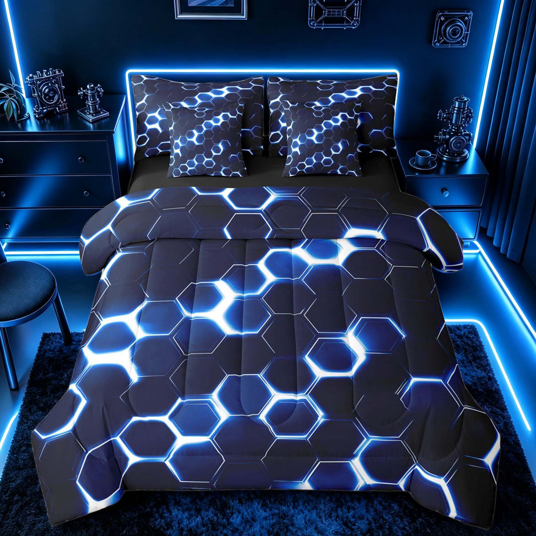 meiyoeat Neon Honeycomb Pattern Bedding Comforter Set for Boys Girls, Geometric Hexagon Full Bedding Set, Blue, Black Reversible 7-Piece