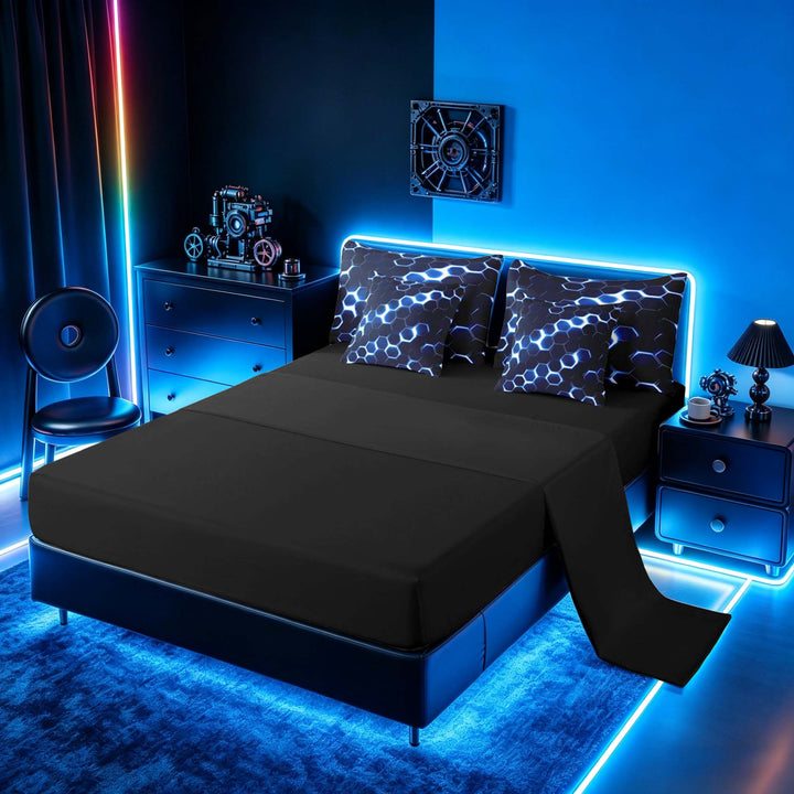 meiyoeat Neon Honeycomb Pattern Bedding Comforter Set for Boys Girls, Geometric Hexagon Full Bedding Set, Blue, Black Reversible 7-Piece