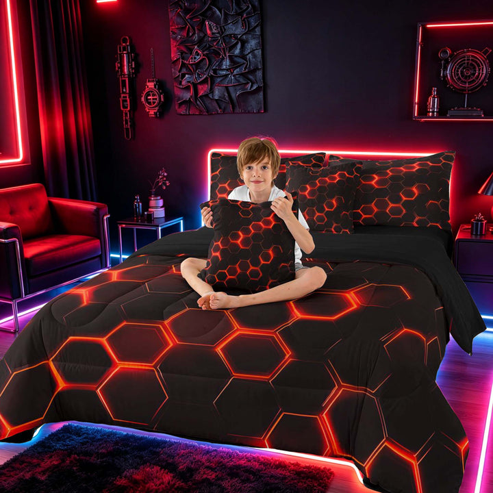 meiyoeat Neon Honeycomb Pattern Bedding Comforter Set for Boys Girls, Geometric Hexagon Full Bedding Set, Red, Black Reversible 7-Piece
