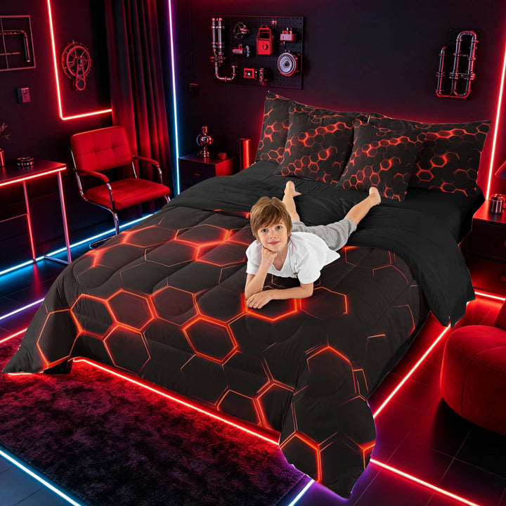 meiyoeat Neon Honeycomb Pattern Bedding Comforter Set for Boys Girls, Geometric Hexagon Full Bedding Set, Red, Black Reversible 7-Piece