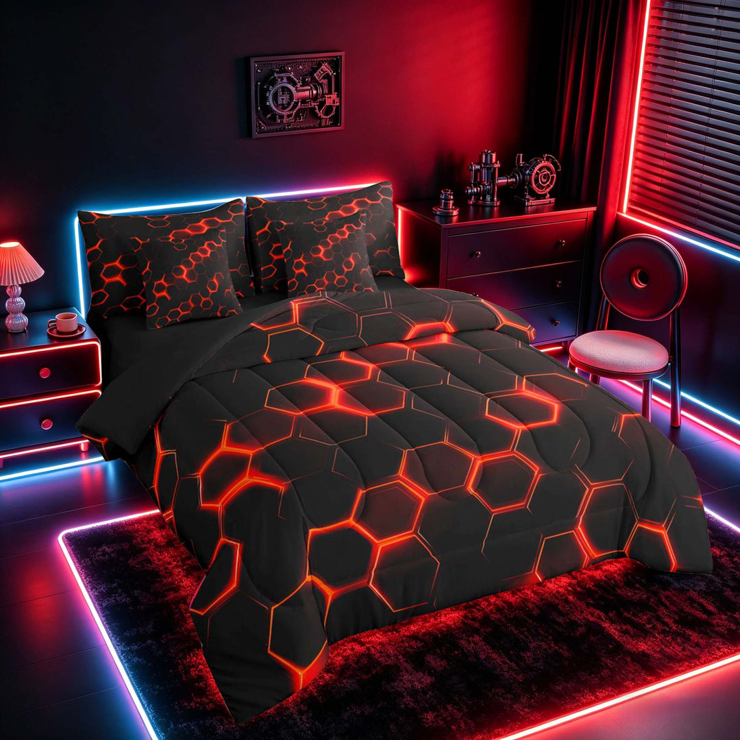 meiyoeat Neon Honeycomb Pattern Bedding Comforter Set for Boys Girls, Geometric Hexagon Full Bedding Set, Red, Black Reversible 7-Piece